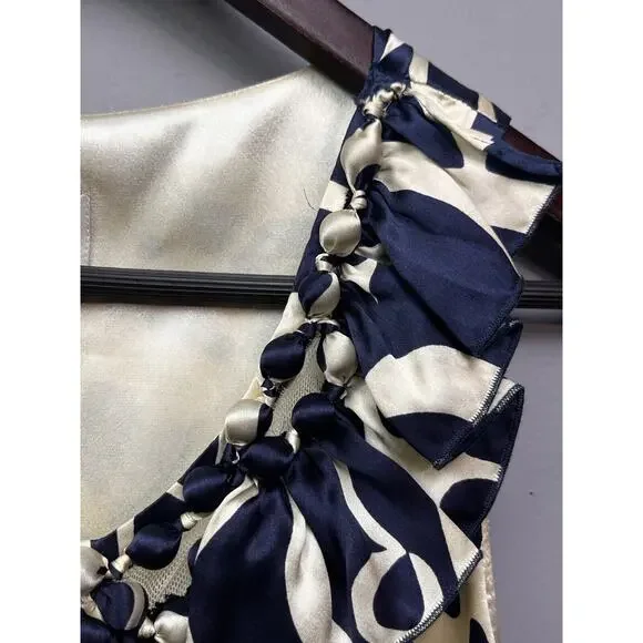 eci New York Dress Womens 10 Blue Silk Sleeveless Navy Ruffle Sheath‎ Floral - Picture 5 of 6